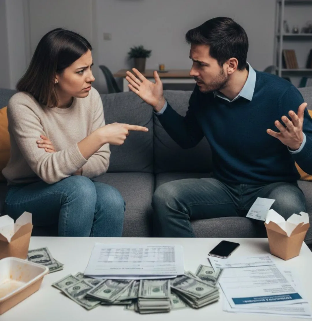 Pareja discutiendo por dinero en el sofá