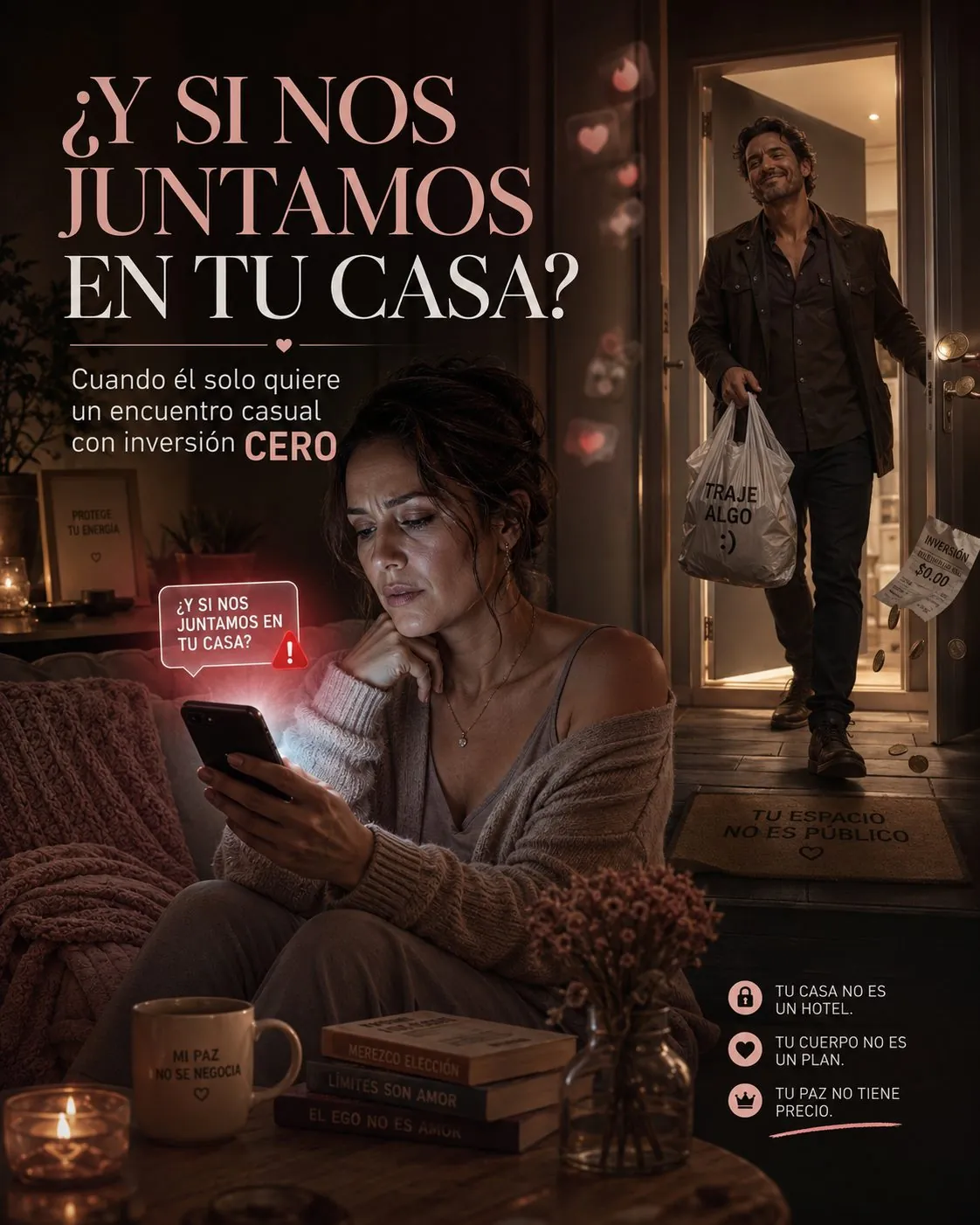 Mujer mirando su teléfono mientras un hombre entra sin invitación